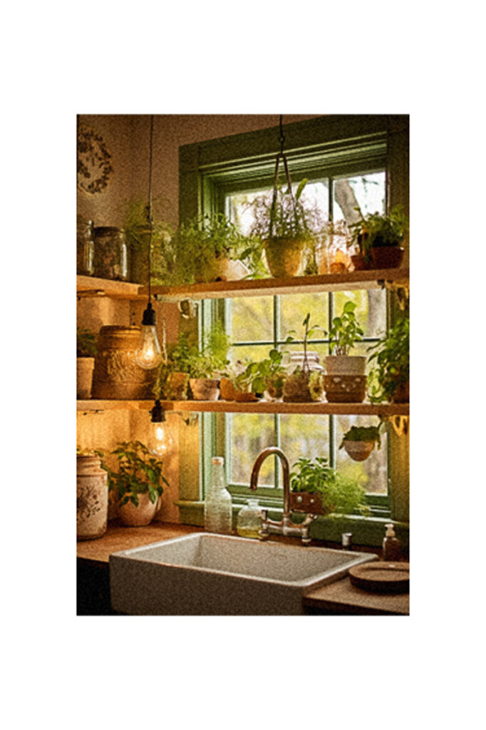 A kitchen with potted plants and a window featuring natural lighting.