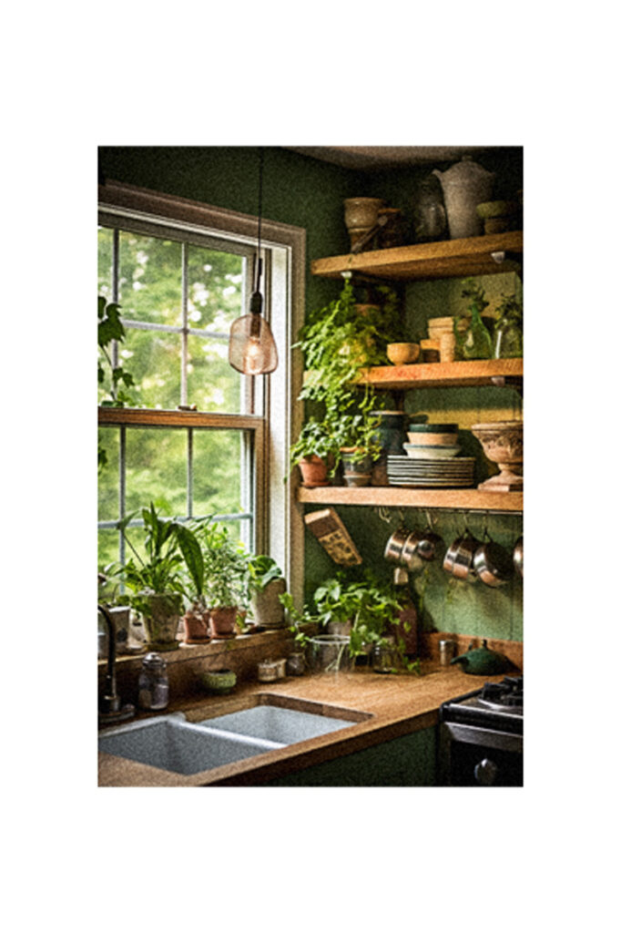 A green kitchen with potted plants and a window illuminated by natural lighting.