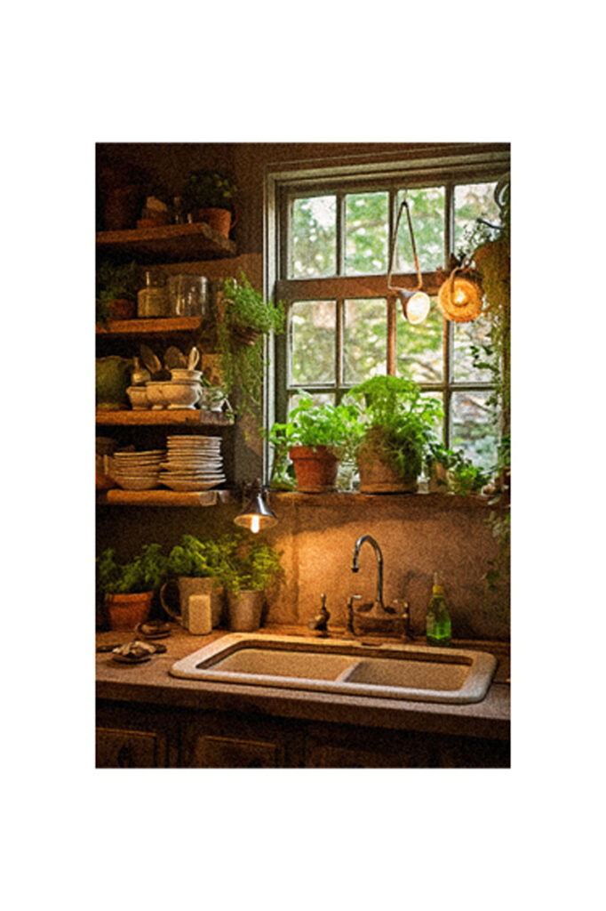 A kitchen with a sink and a window featuring shelves for storage.