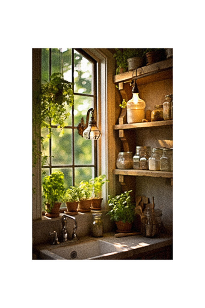 A window in a kitchen with potted plants and jars, perfect for showcasing kitchen shelves.