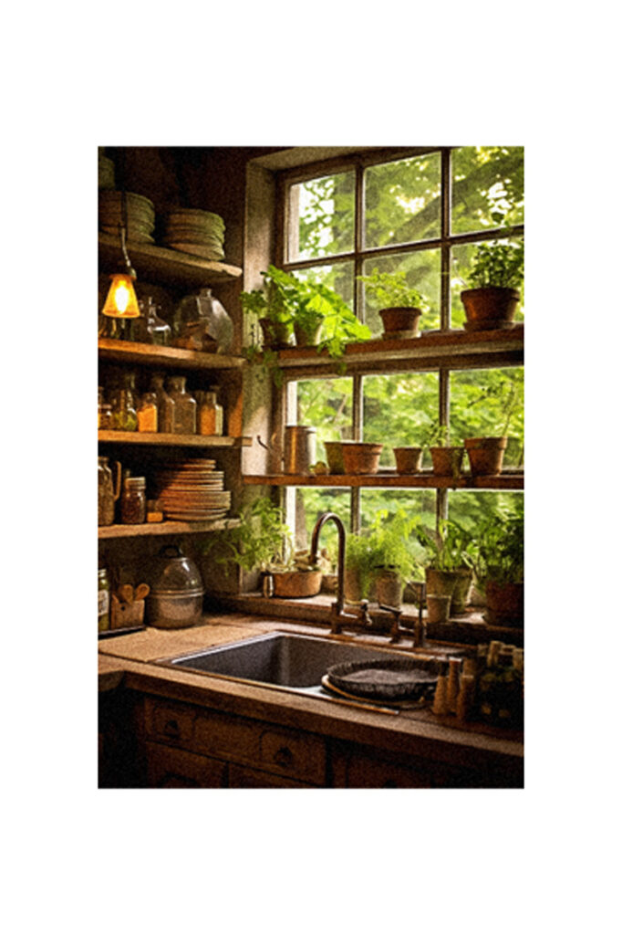 A window with shelves in a kitchen.