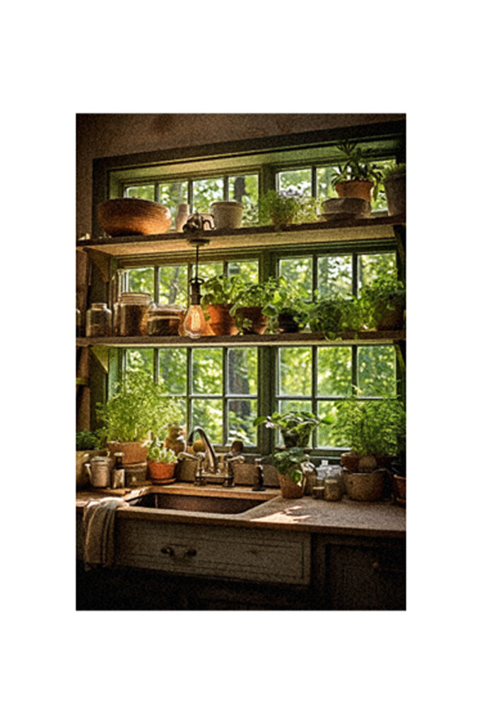 A kitchen with potted plants on the windowsill and shelves.