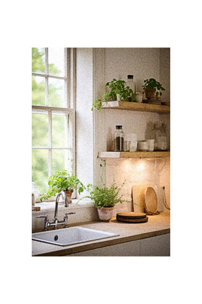 A kitchen window with shelves.
