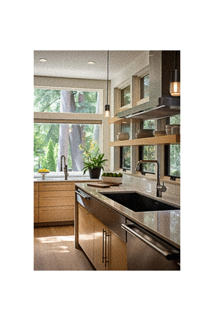 A modern kitchen with wooden cabinets and a window with a valance over the sink.