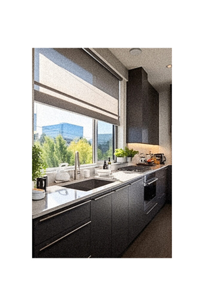 A modern kitchen with black cabinets and a window with a kitchen valance ideas over sink.