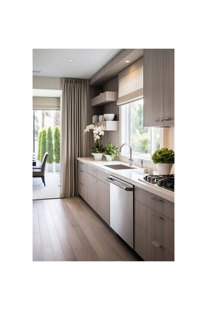 A modern kitchen with wood cabinets, stainless steel appliances, and a window valance.