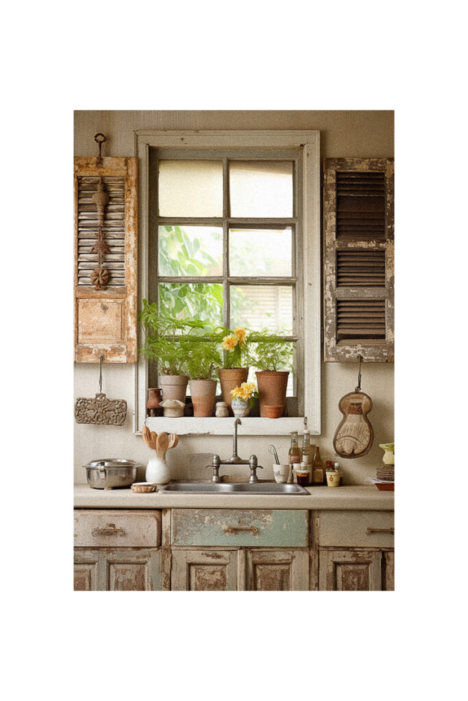 A kitchen with old shutters and potted plants, showcasing window ideas.
