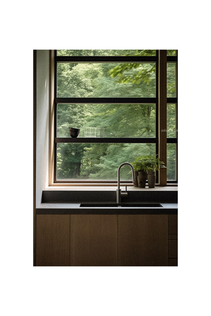 A kitchen with a window overlooking a wooded area, ideal for kitchen window ideas.