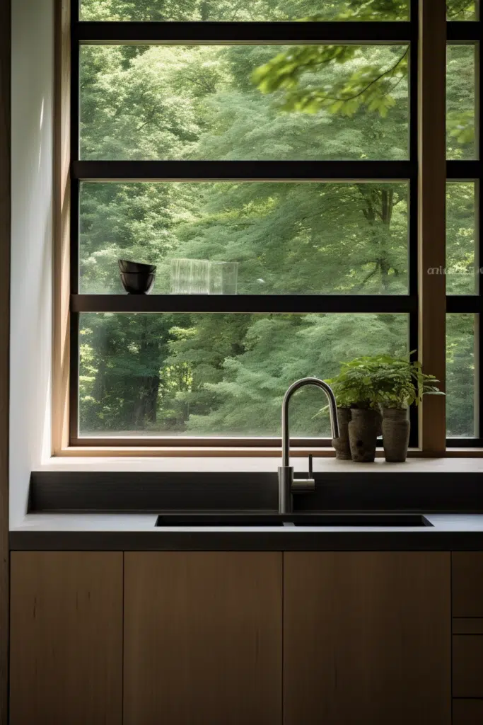A kitchen with a window overlooking a wooded area.