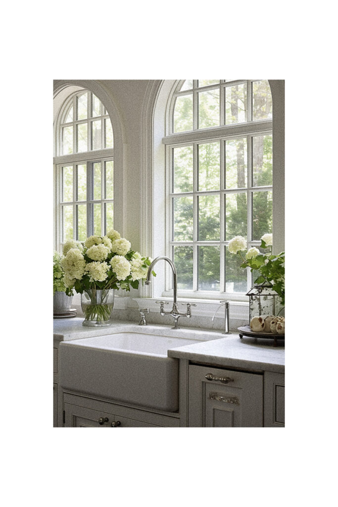 A white kitchen with arched windows showcasing kitchen window ideas.