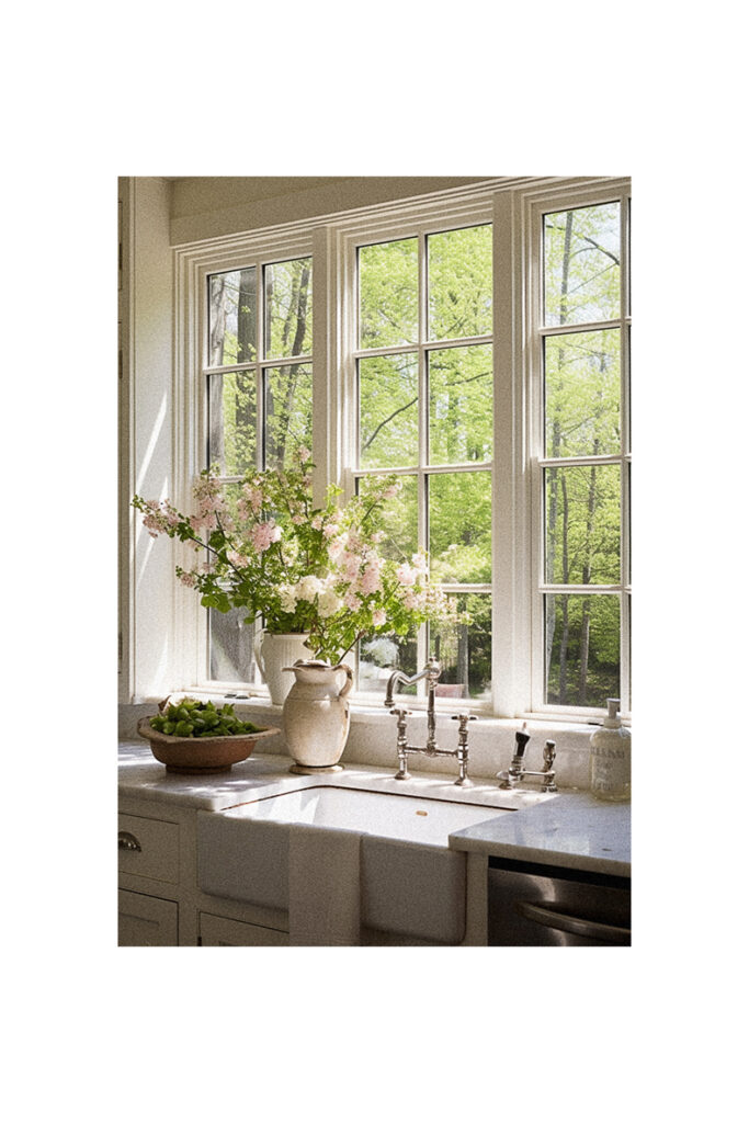 A kitchen with a sink and flowers in a vase.