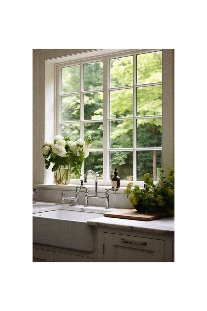 A kitchen with a window and flowers, offering inspiring ideas for kitchen windows.