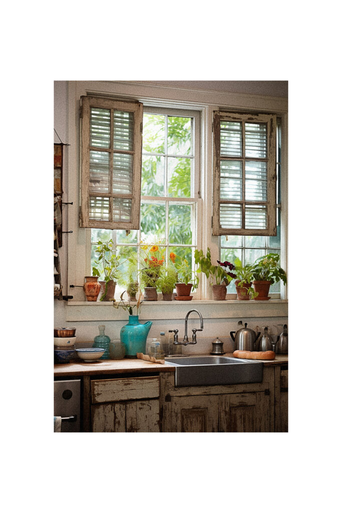 A kitchen window with potted plants, providing ideas for kitchen decor.