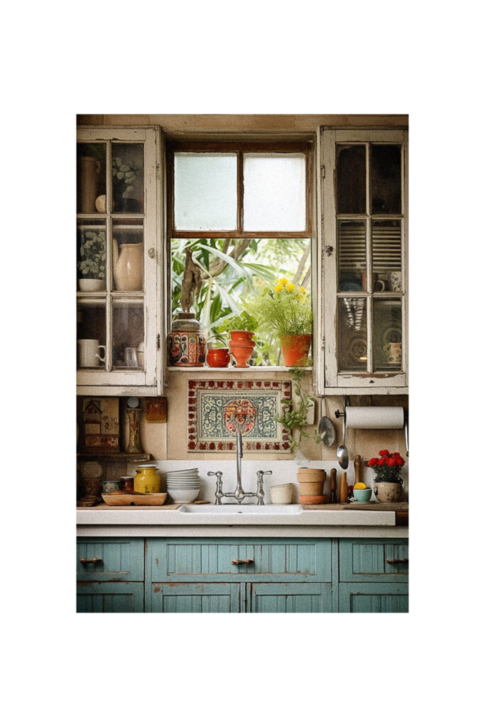 A kitchen with blue cabinets and a window showcasing potted plants.