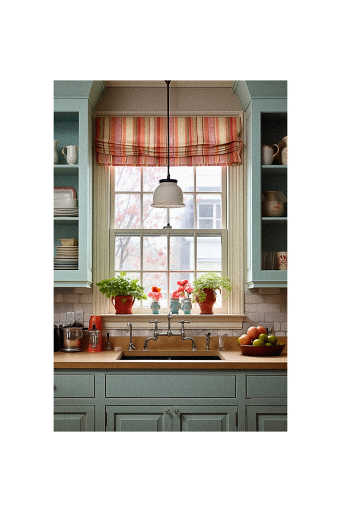 A kitchen with blue cabinets and a window, featuring creative window ideas.