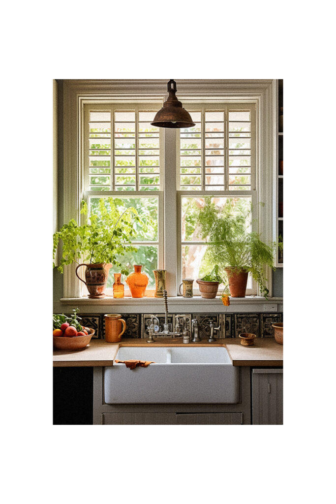 A kitchen with potted plants and shutters.