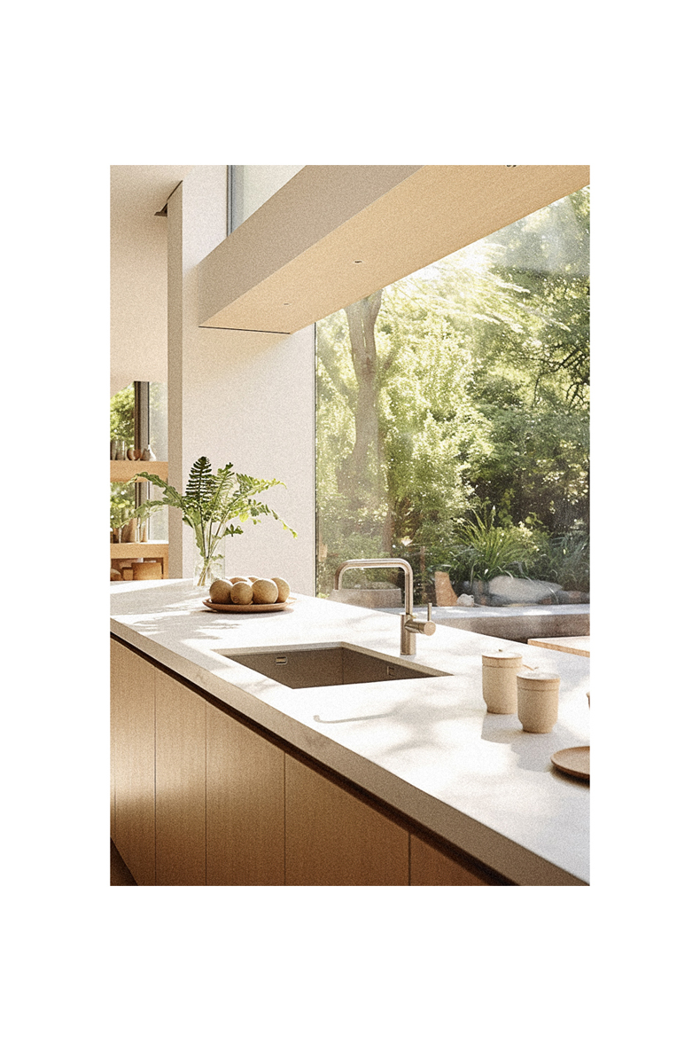 A kitchen with a large window over the sink.