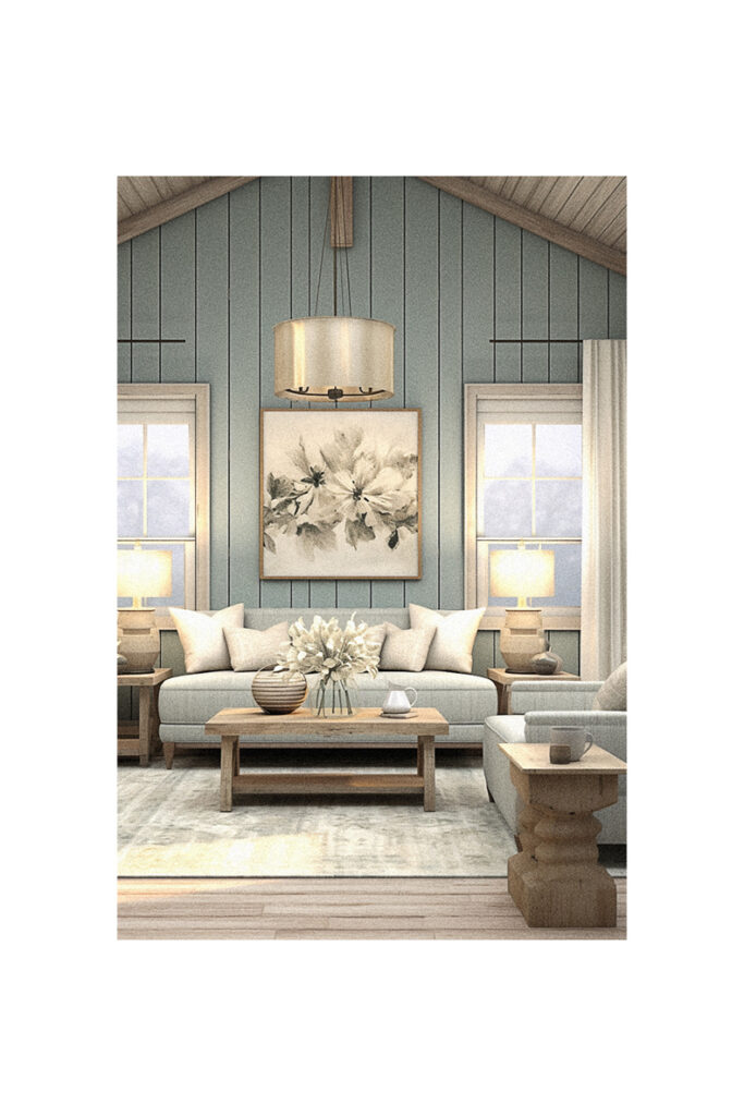 A 3D rendering of a living room with painted blue walls.