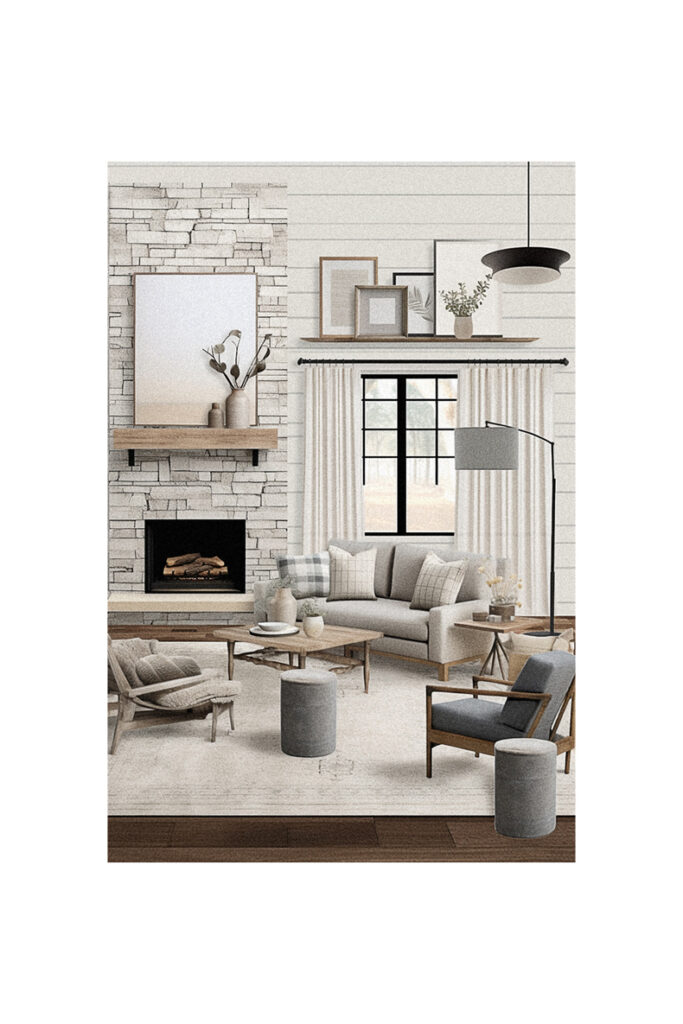 An image of a living room with modern farmhouse furniture and a fireplace.