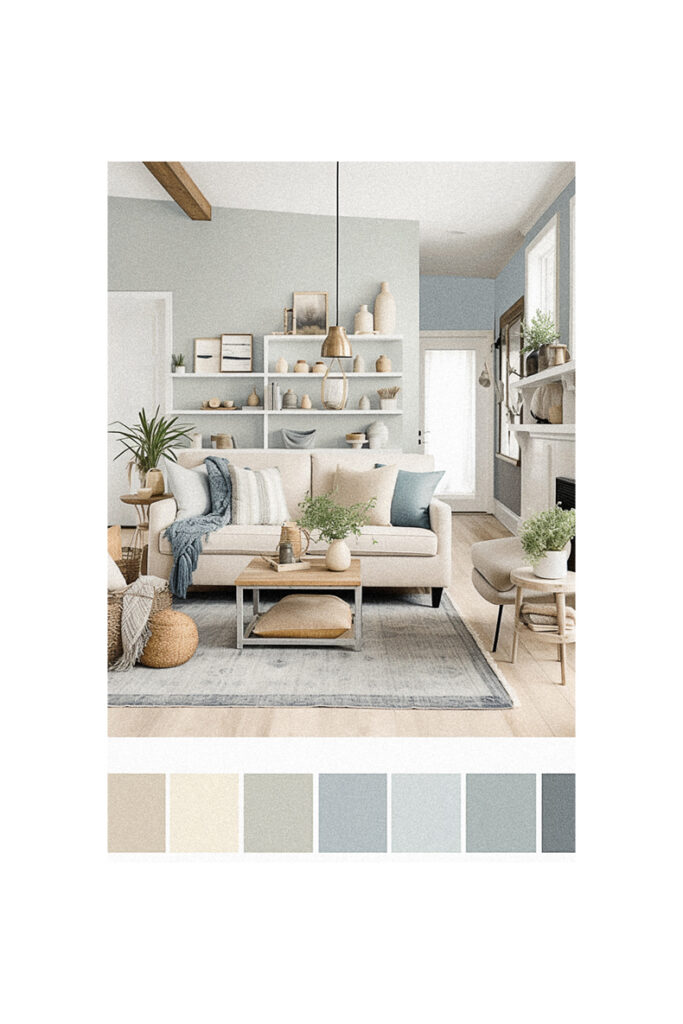 A living room with blue and beige color schemes. (Keywords: blue, beige)