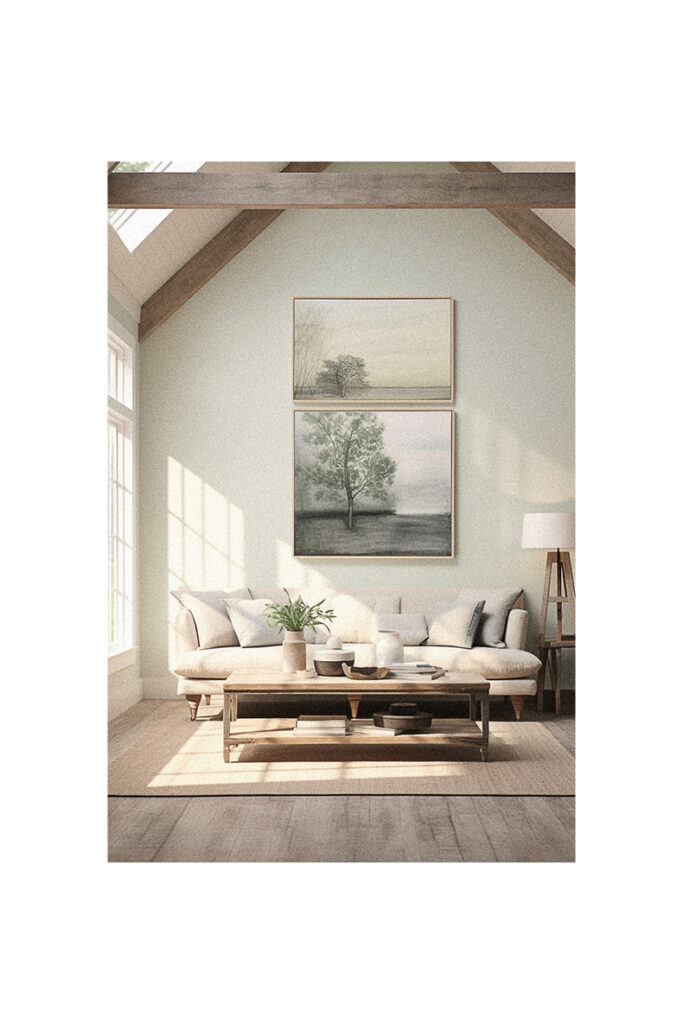 A living room with white walls and wooden floors featuring modern farmhouse paint colors for each room.