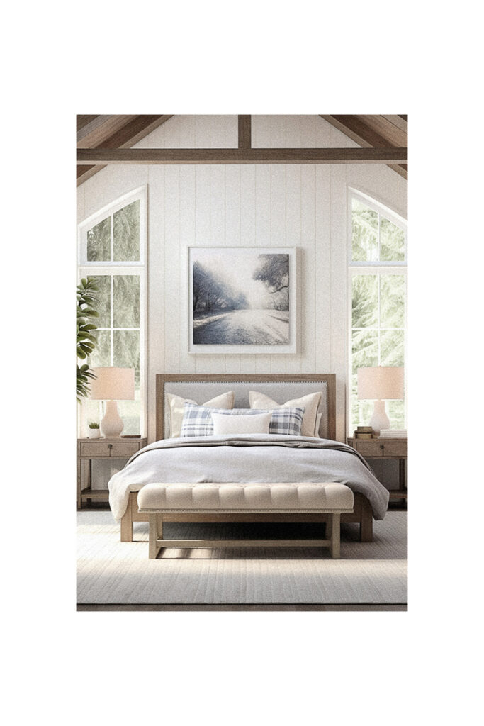 A bedroom with a white bed and a wooden headboard in modern farmhouse style.