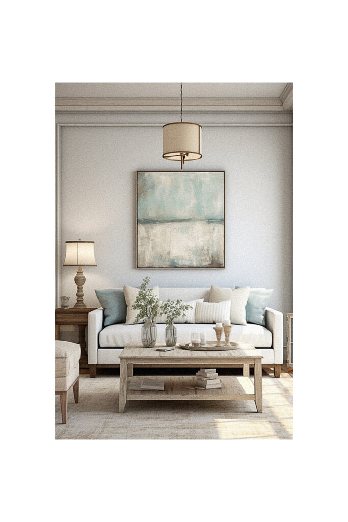 A living room with white furniture and a large painting in modern farmhouse style.
