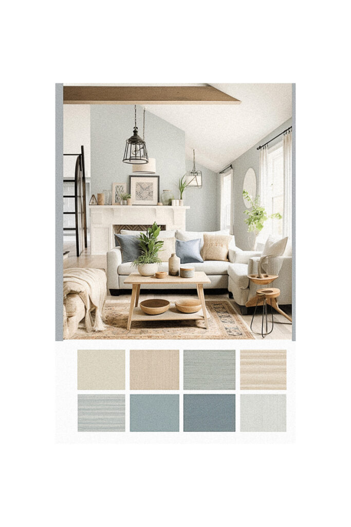 A living room with a farmhouse color scheme.