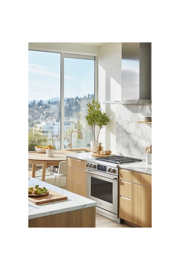 A modern kitchen with a view of a city.