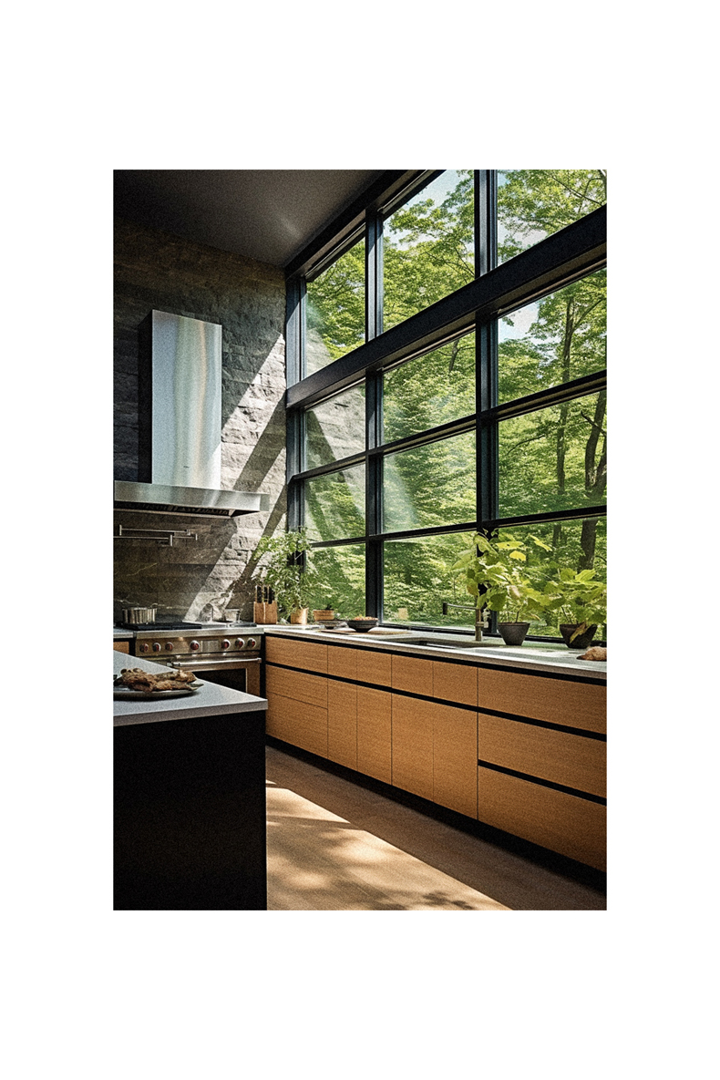 A modern kitchen with large windows overlooking a wooded area.