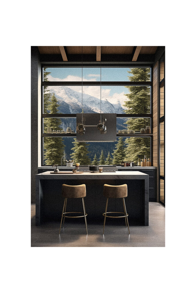 Modern kitchen with a view of the mountains.