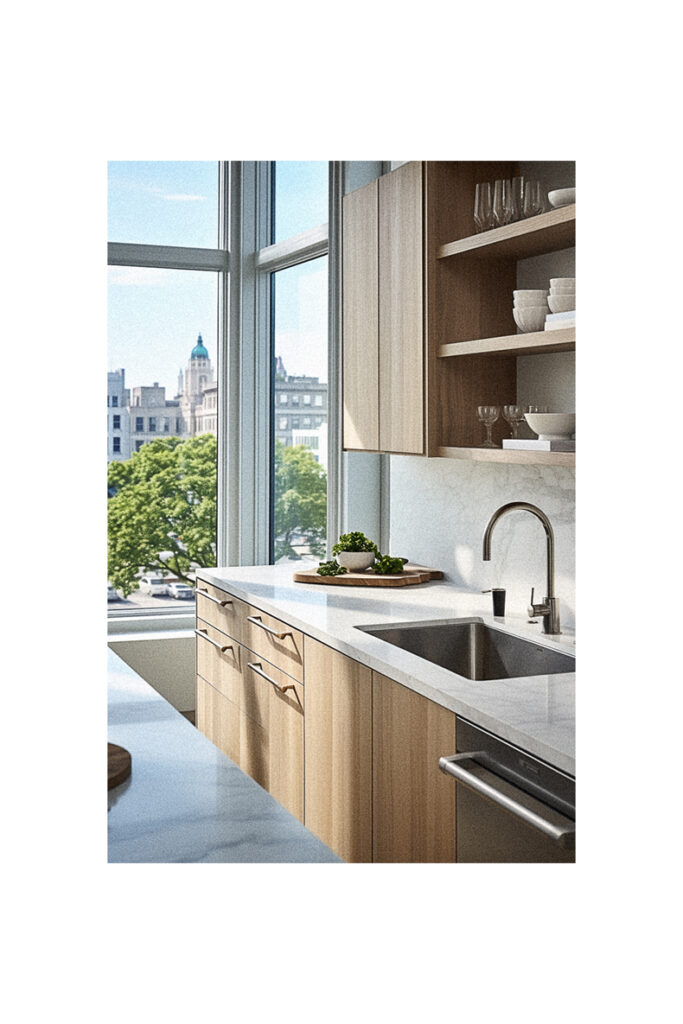 A modern kitchen with wood cabinets and a window overlooking the city.