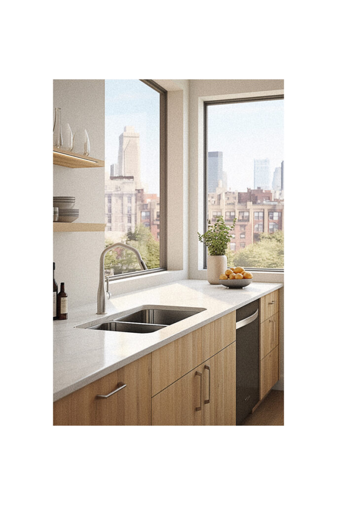 A kitchen sink with a view of a city.