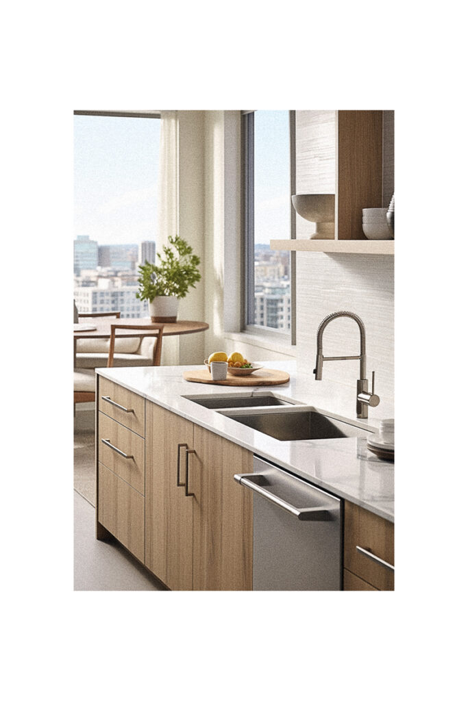 A modern kitchen with a window over the sink and a view of the city.