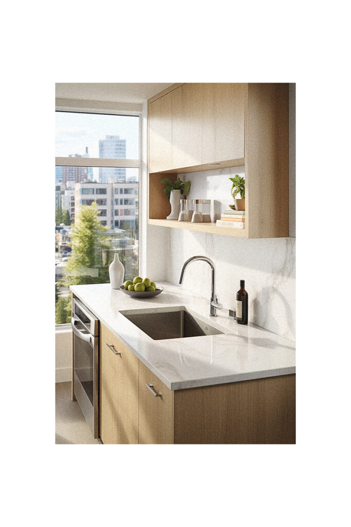 A modern kitchen with wood cabinets and a view of the city through a window over the sink.