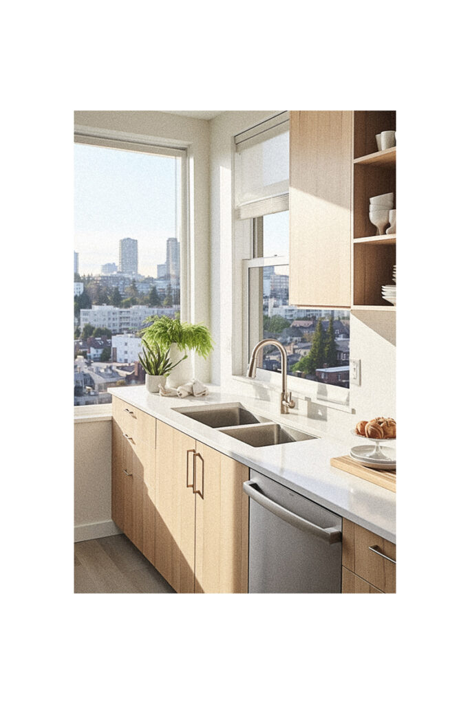 Modern kitchen with window overlooking city.