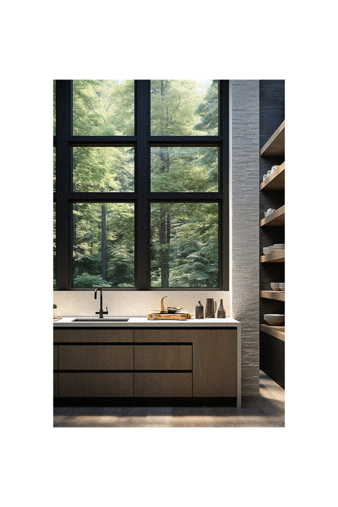 A modern kitchen with large windows and wood cabinets, featuring a window over the sink.