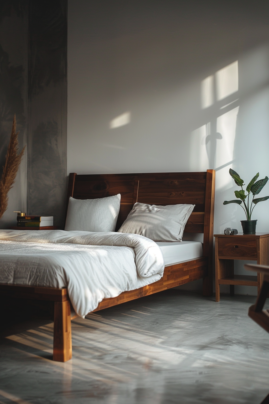 An Organic Modern bedroom featuring a bed with a wood headboard and a vibrant plant adding natural beauty to the room.