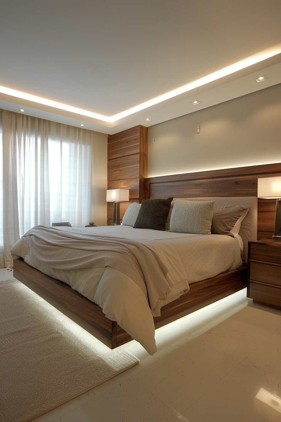 An Organic Modern Bedroom with a bed featuring a wood headboard and lamps.