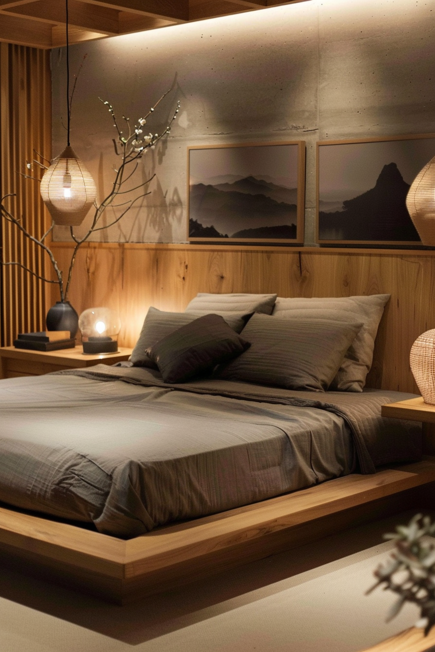 Organic modern bedroom with a bed featuring a wooden headboard and lamps.