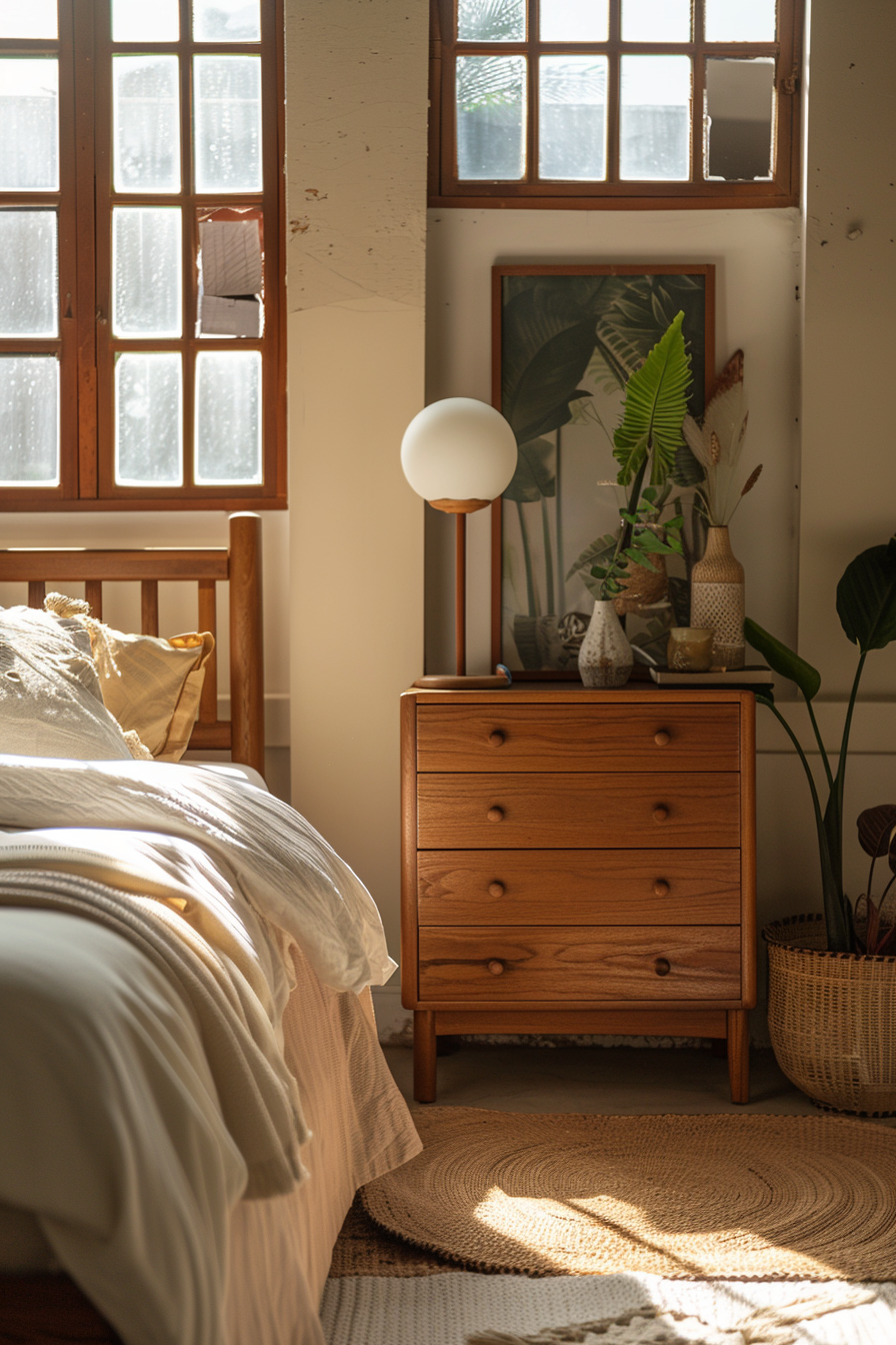 An Organic Modern bedroom with a dresser and a lamp.