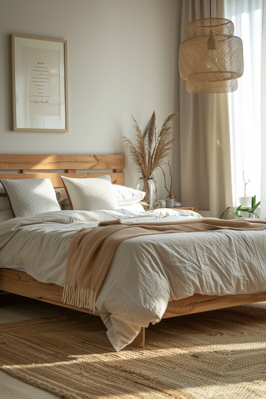 An organic modern bed with a wooden headboard and a lamp.