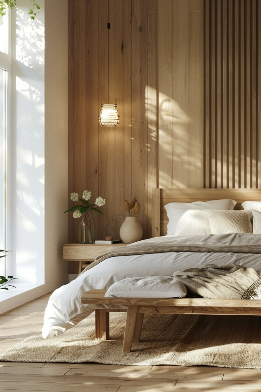 An Organic Modern bedroom featuring a wood paneled wall and a comfortable bed.