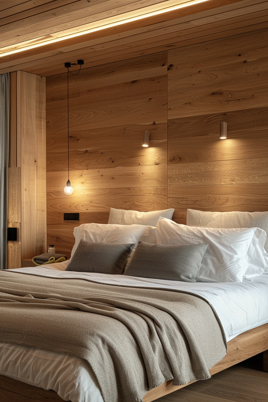 An organic modern bedroom with a bed, wood paneled wall, and lights.