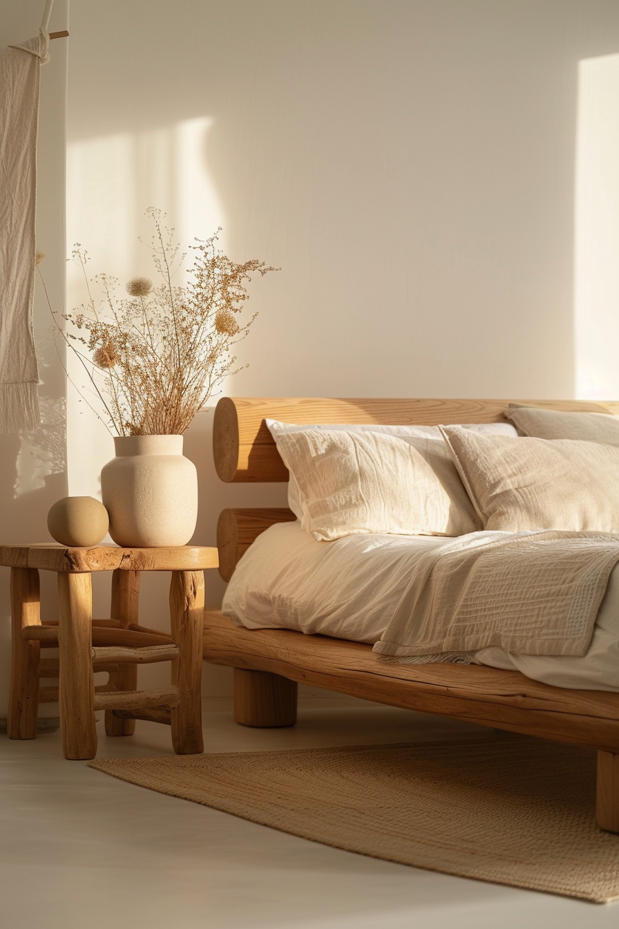 A Organic Modern bedroom featuring a wooden bed adorned with a vase of fresh flowers.