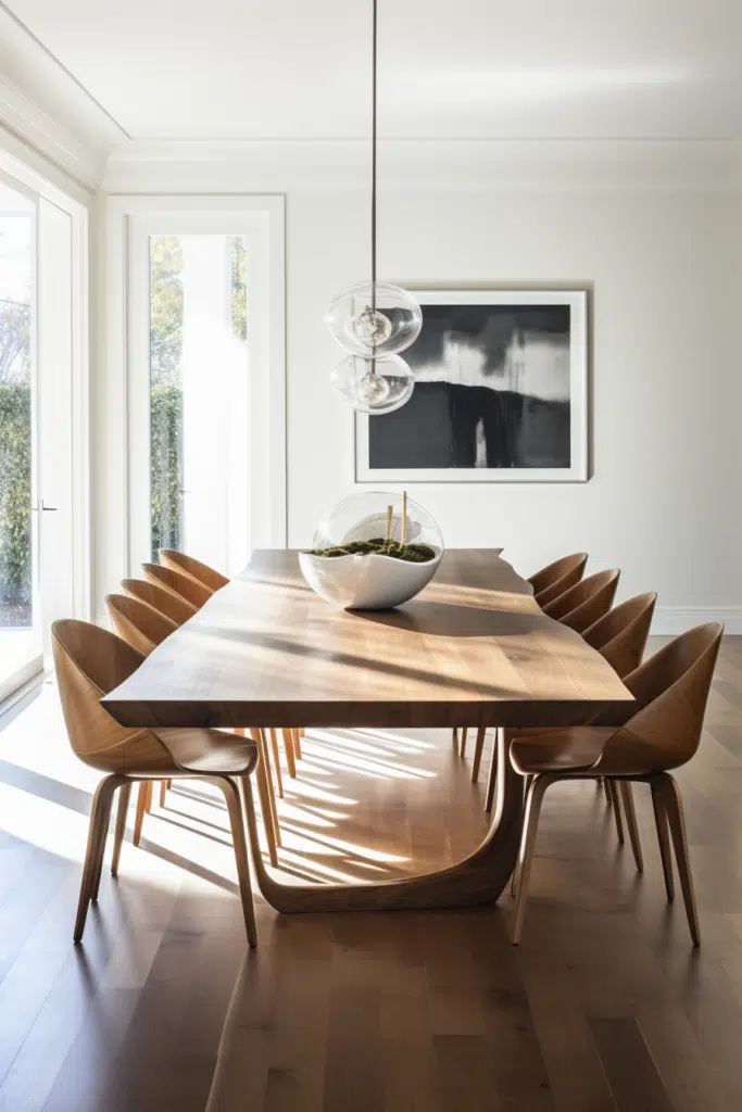 A modern dining room with a wooden table and chairs.
