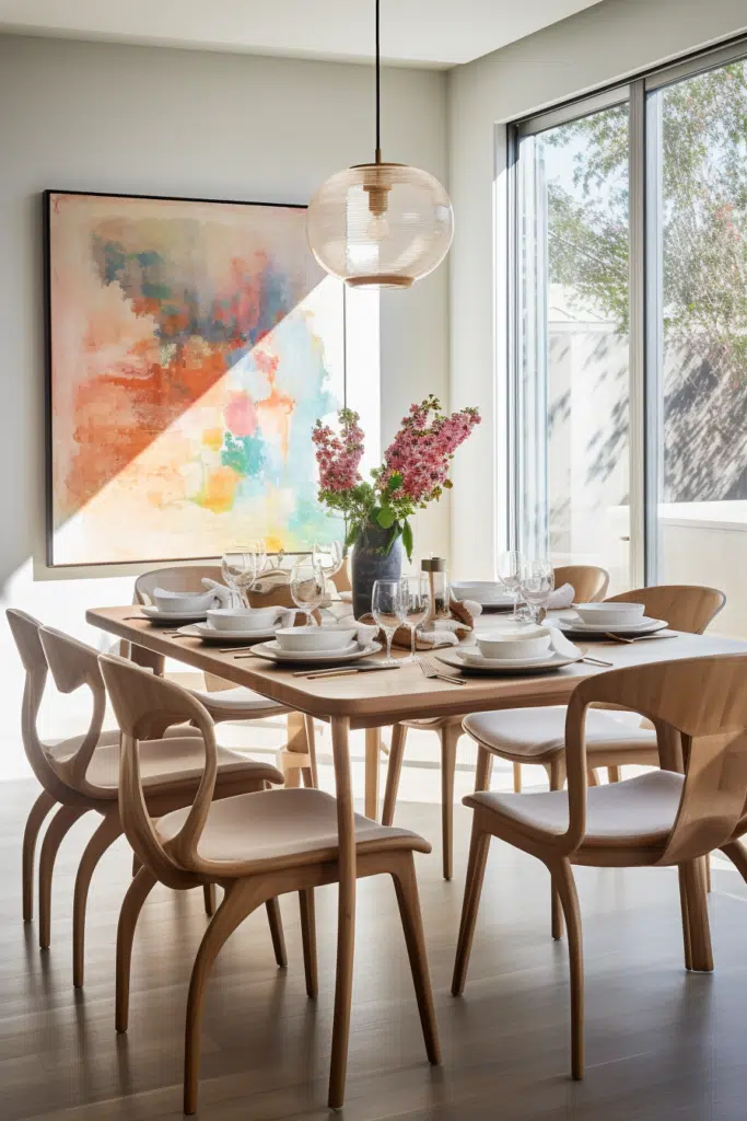 A modern dining room with a wooden table and chairs featuring an organic touch.