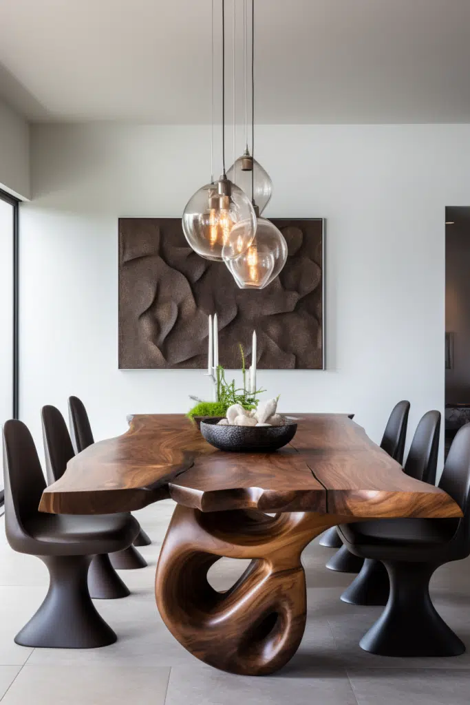 A modern dining room with a wooden table and chairs featuring a modern organic dining table.