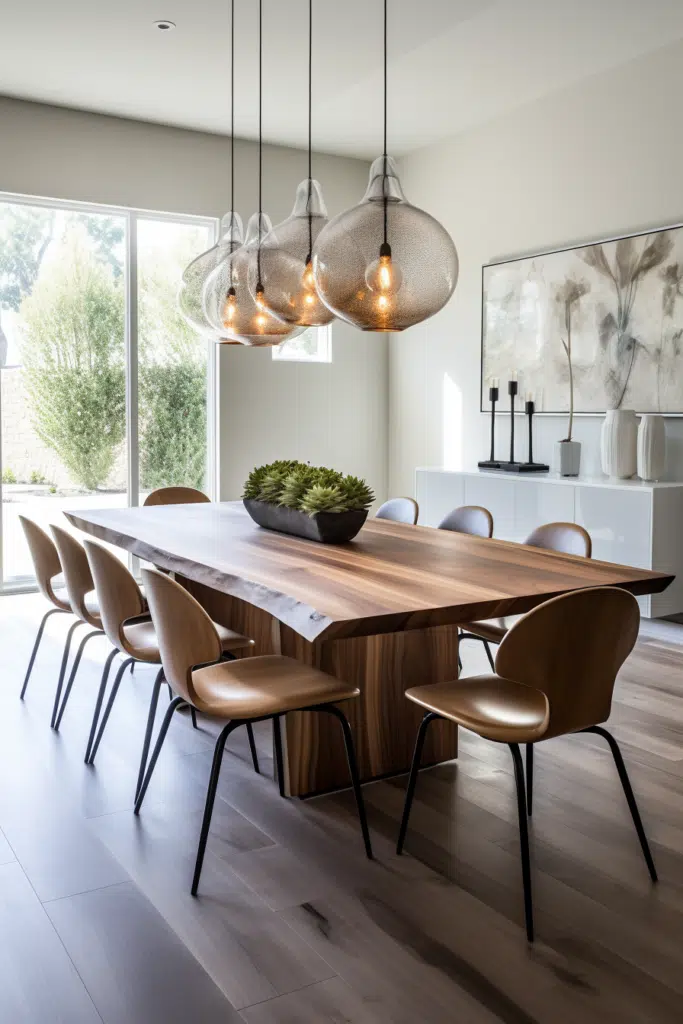 A modern dining room with a wooden table and chairs, featuring a modern organic dining table.