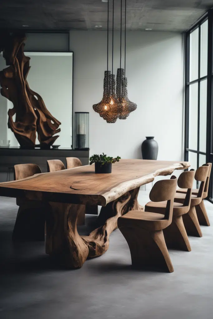 A modern dining room with a large wooden table and chairs.